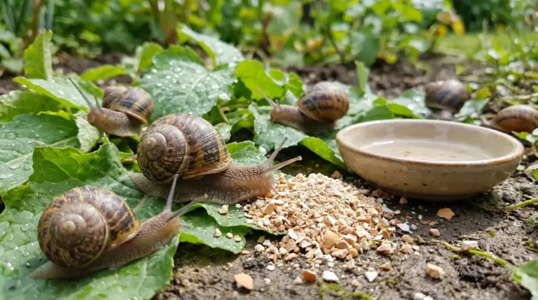Lumache su foglie bagnate vicino a un piattino e a un mucchietto di granuli in un giardino