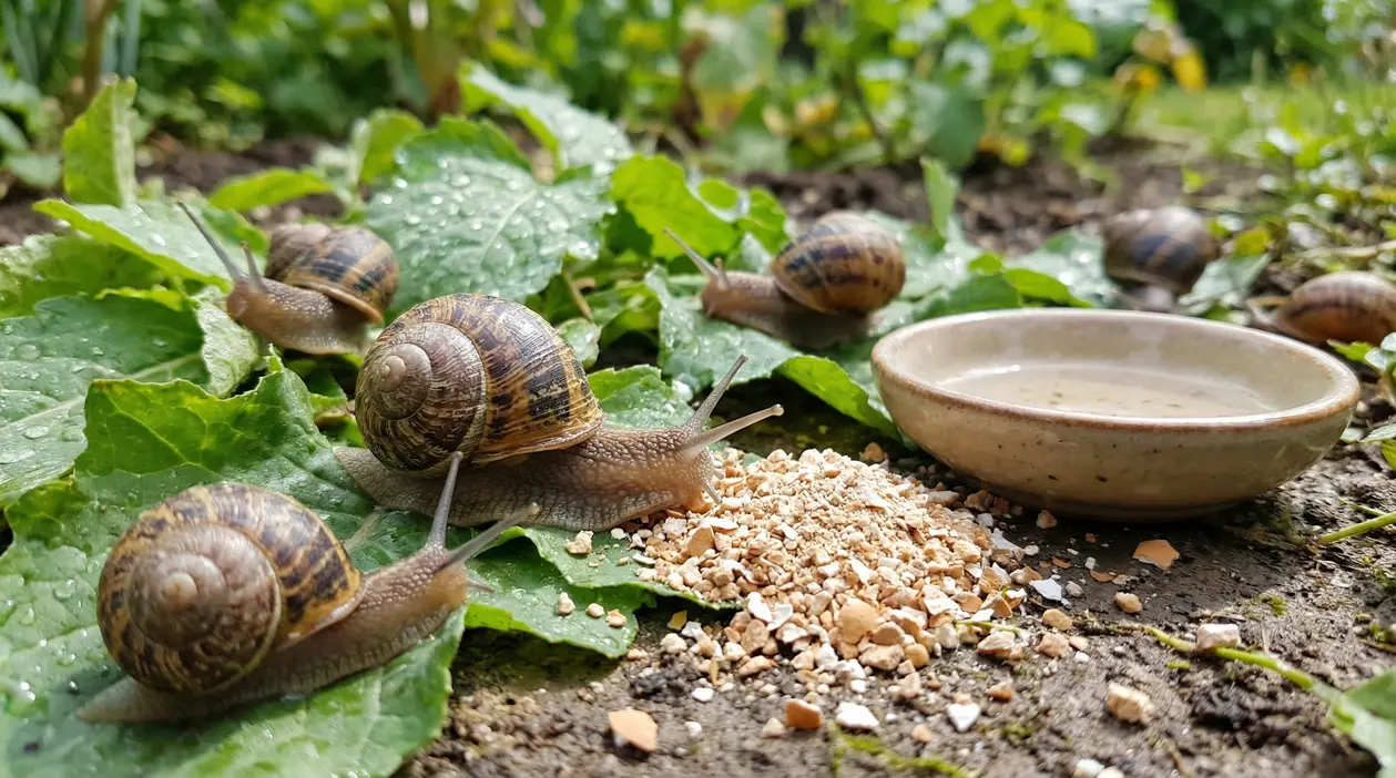 Lumache su foglie bagnate vicino a un piattino e a un mucchietto di granuli in un giardino