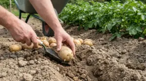 Mani che piantano patate germogliate in un orto con terreno smosso
