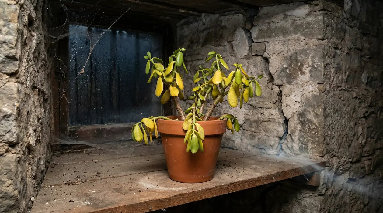Pianta di albero di giada sofferente in vaso su mensola in un ambiente buio e umido