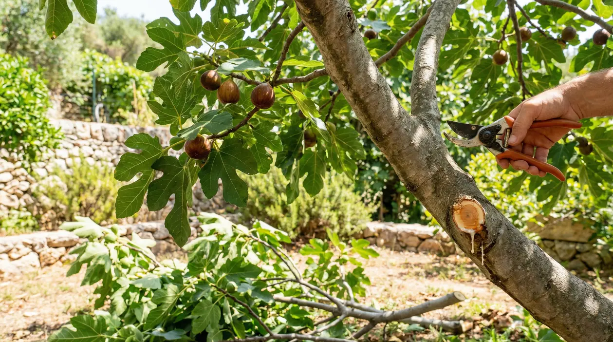 Potatura di un albero di fico con cesoie in un giardino assolato