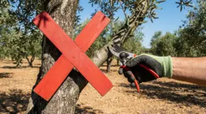 Persona con guanti pota un ramo di ulivo con una grande X rossa sul tronco