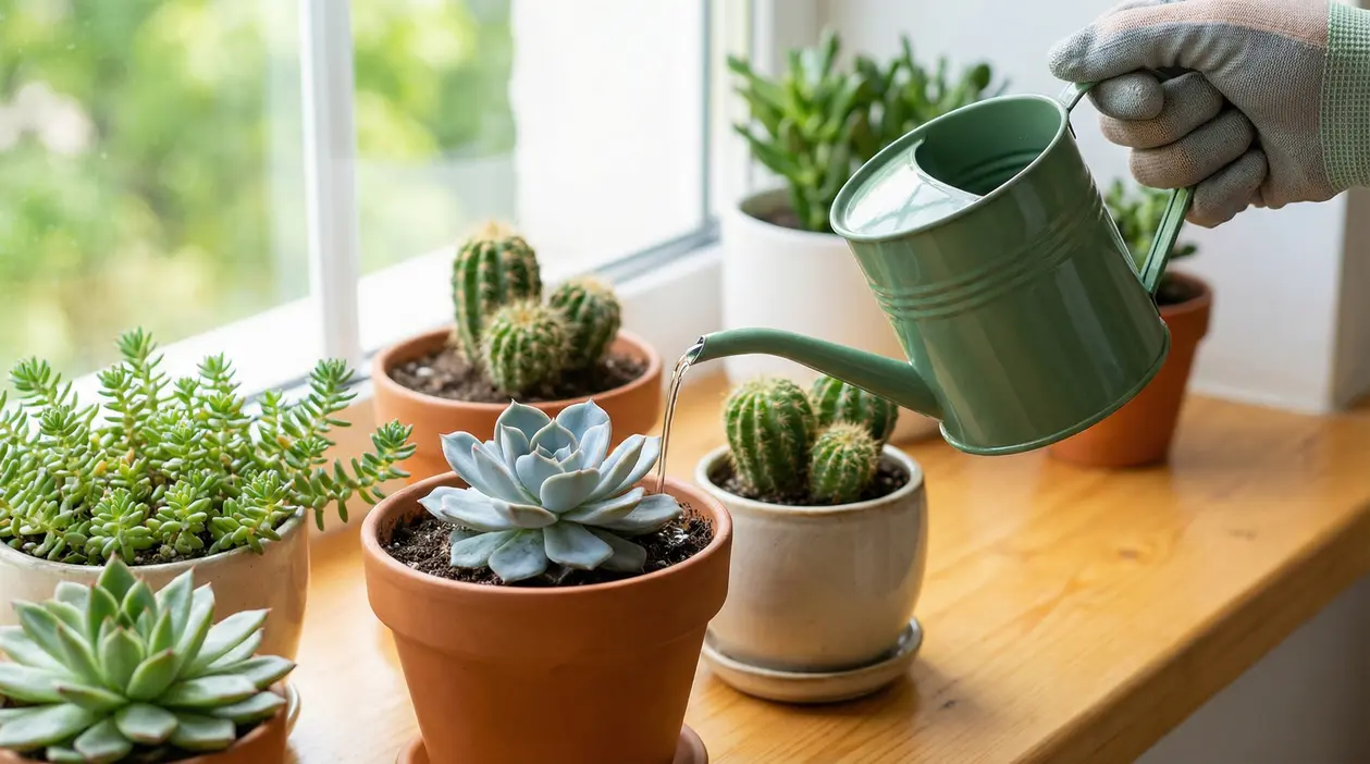 Una mano con guanto innaffia una pianta grassa in vaso vicino a una finestra