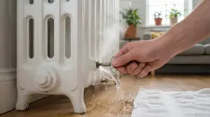Una mano apre la valvola di un termosifone con una chiave mentre fuoriesce acqua