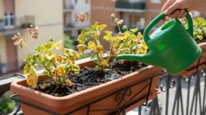 Gerani appassiti in un vaso da balcone mentre vengono annaffiati con un annaffiatoio verde
