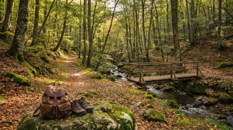 Sentiero nel bosco con zaino, scarponi da trekking e un ponticello su un ruscello