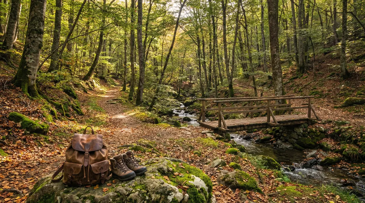 Sentiero nel bosco con zaino, scarponi da trekking e un ponticello su un ruscello