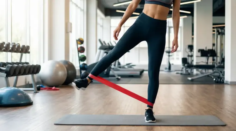 Una persona esegue un esercizio per le gambe con banda elastica in palestra