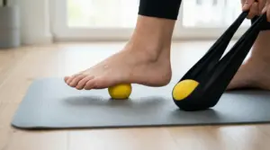 Piede che esegue esercizi con una pallina su tappetino per alleviare lo sperone calcaneare