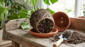 Pianta con radici esposte su un tavolo da giardinaggio accanto a un vaso di terracotta vuoto