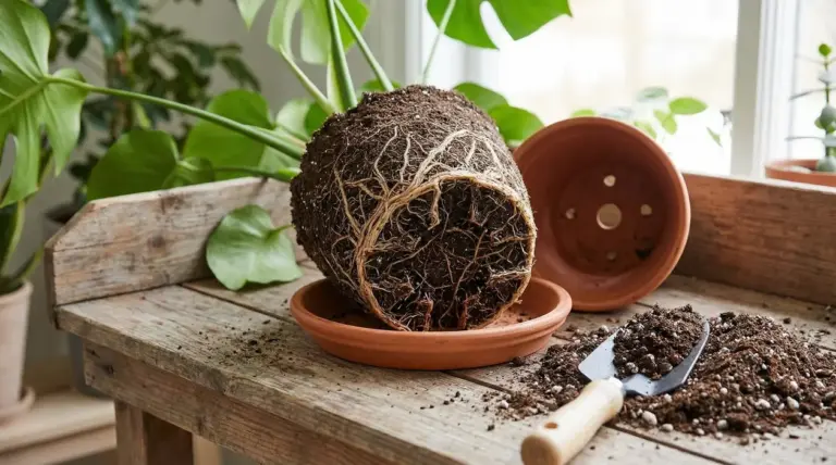 Pianta con radici esposte su un tavolo da giardinaggio accanto a un vaso di terracotta vuoto