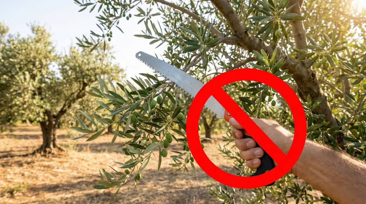 Mano con seghetto vicino a ramo di ulivo con simbolo di divieto sovrapposto