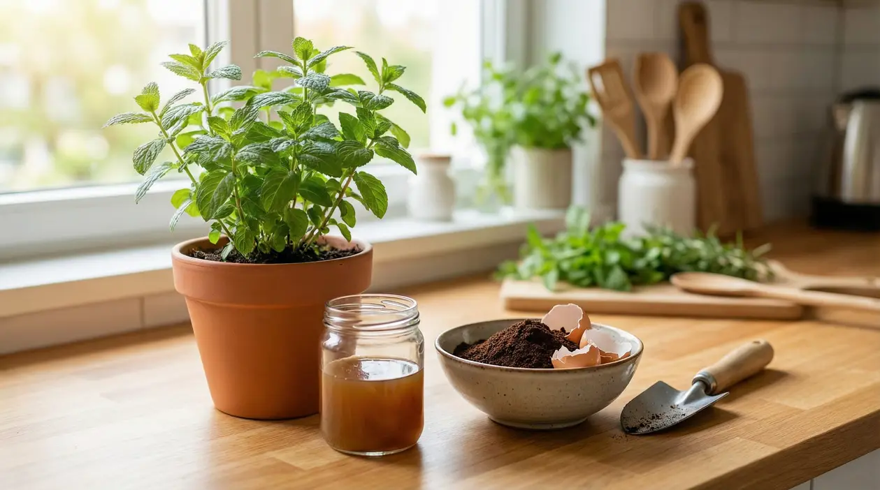 Pianta in vaso accanto a fondi di caffè, gusci d’uovo e compost naturale su un piano cucina