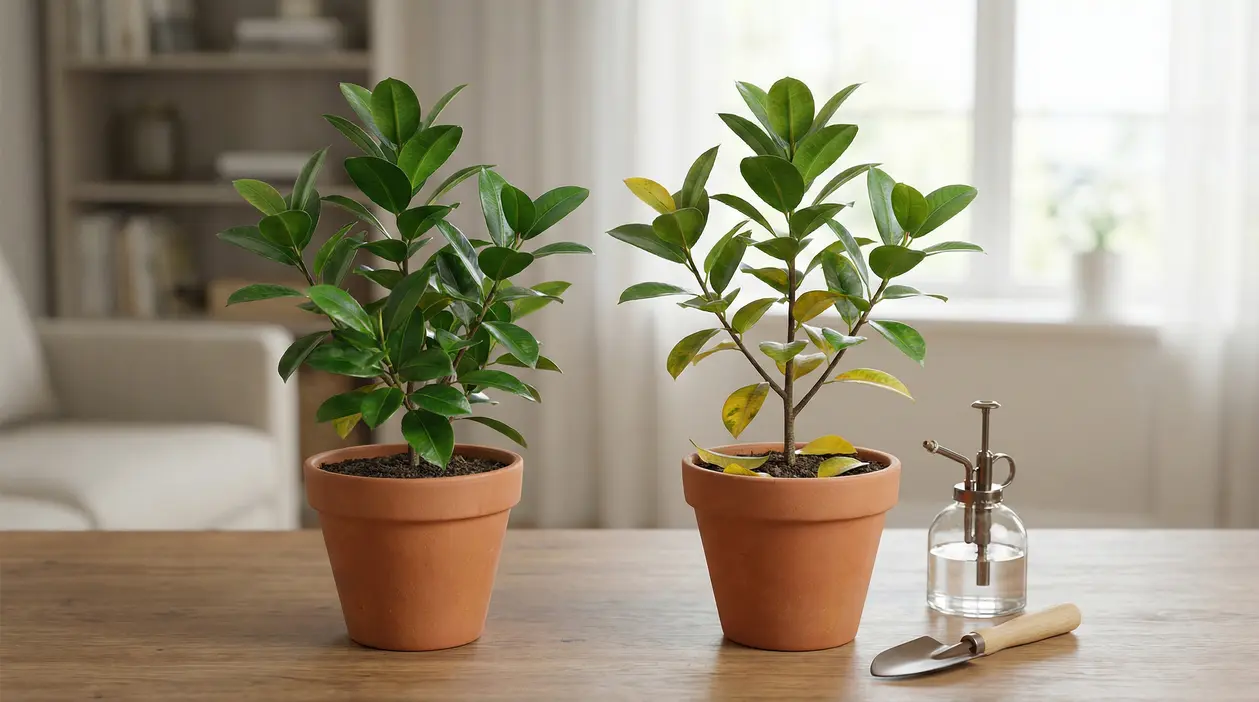 Due piante di ficus in vaso, una rigogliosa e l'altra con foglie ingiallite