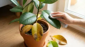 Due piante di ficus in vaso, una rigogliosa e una con foglie ingiallite, su un tavolo in un ambiente domestico