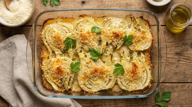 Finocchi gratinati al forno in una teglia di vetro su tavolo rustico.