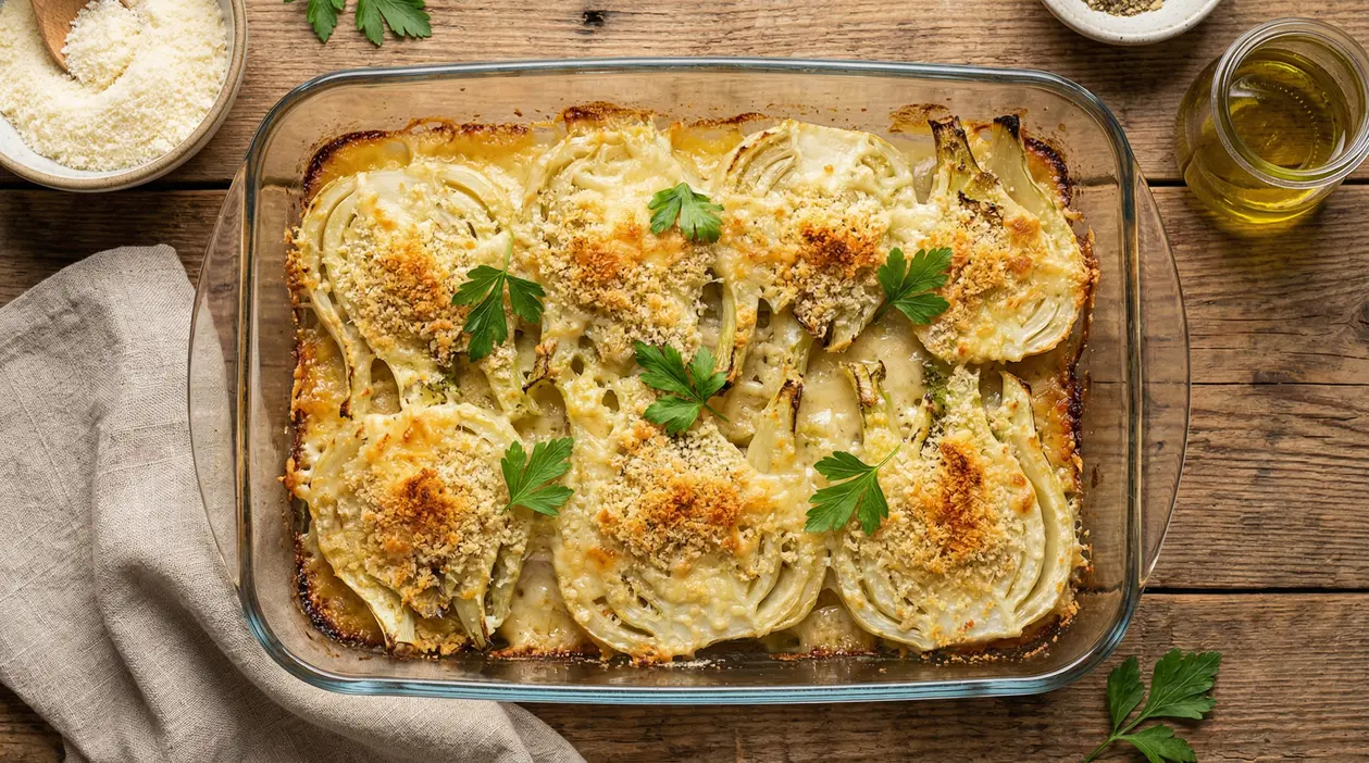 Finocchi gratinati al forno in una teglia di vetro su tavolo rustico.