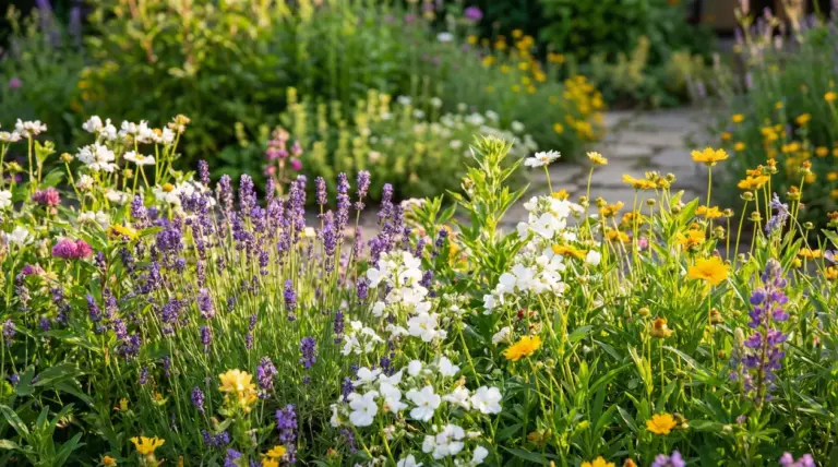 Giardino fiorito con lavanda, margherite gialle e altri fiori colorati in estate