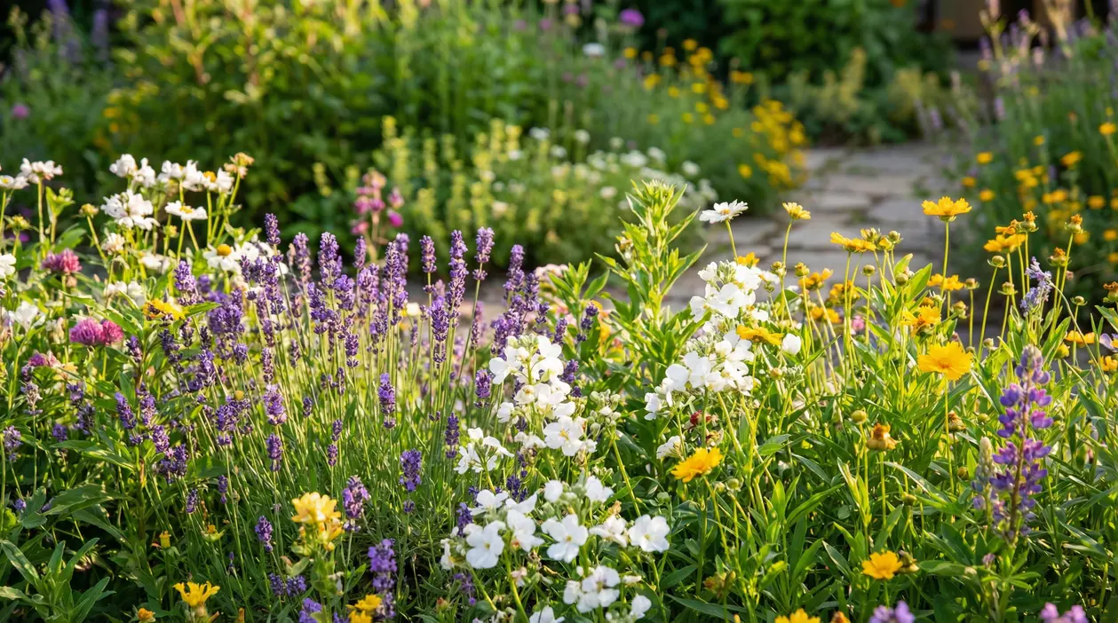 Giardino fiorito con lavanda, margherite gialle e altri fiori colorati in estate