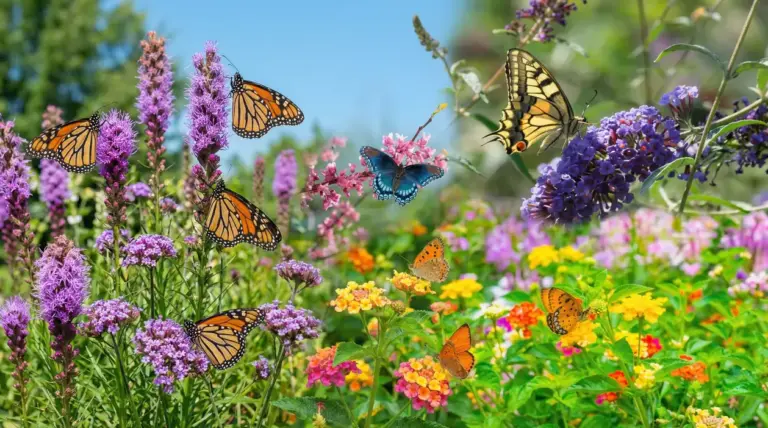 Farfalle colorate su fiori variopinti in un giardino soleggiato