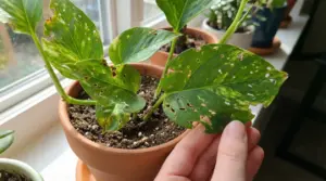 Foglie bucate di una pianta in vaso tenuta vicino a una finestra