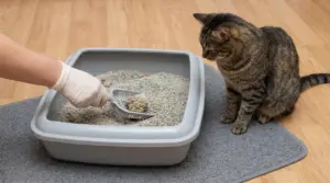 Persona pulisce una lettiera per gatti con una paletta mentre un gatto osserva