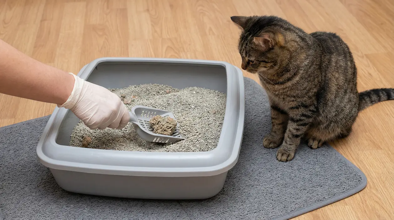 Persona pulisce una lettiera per gatti con una paletta mentre un gatto osserva