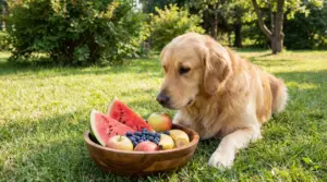 Cane disteso sull'erba che osserva una ciotola di frutta mista all'aperto