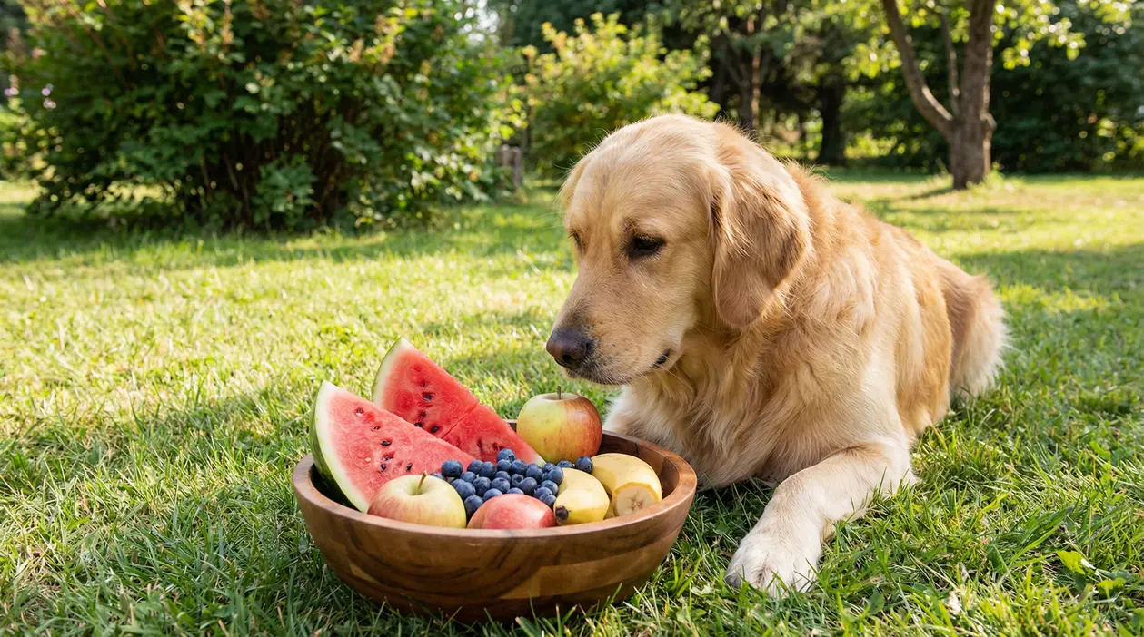 Cane disteso sull'erba che osserva una ciotola di frutta mista all'aperto