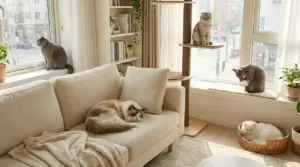 Cinque gatti rilassati in un salotto luminoso con divano, cuscini e tiragraffi vicino alla finestra