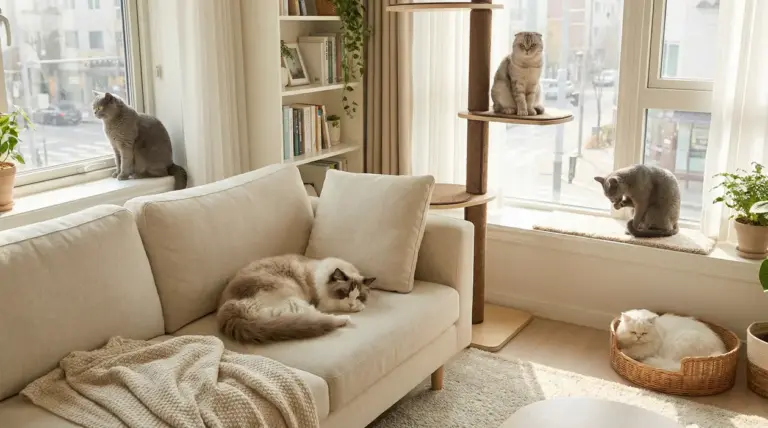 Cinque gatti rilassati in un salotto luminoso con divano, cuscini e tiragraffi vicino alla finestra