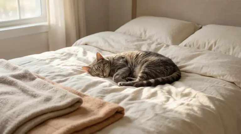 Gatto che dorme profondamente su un letto morbido vicino a una finestra