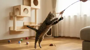 Gatto domestico che salta per afferrare un gioco con piume in un salotto