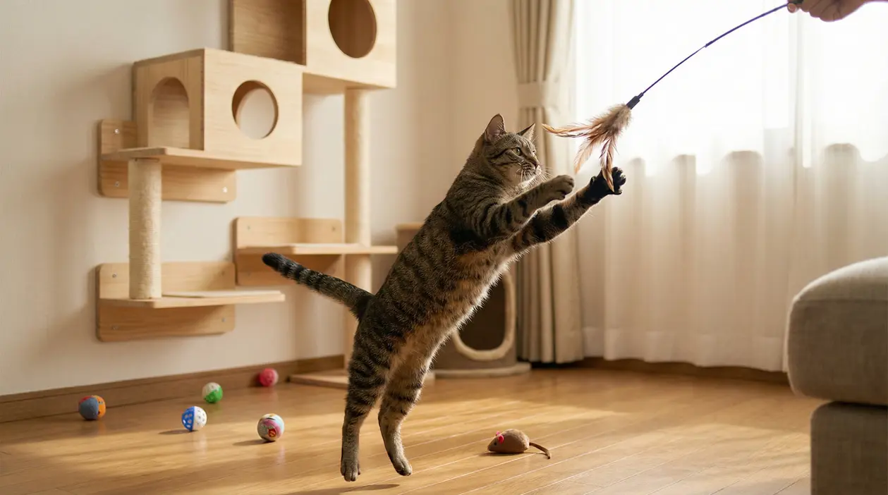 Gatto domestico che salta per afferrare un gioco con piume in un salotto