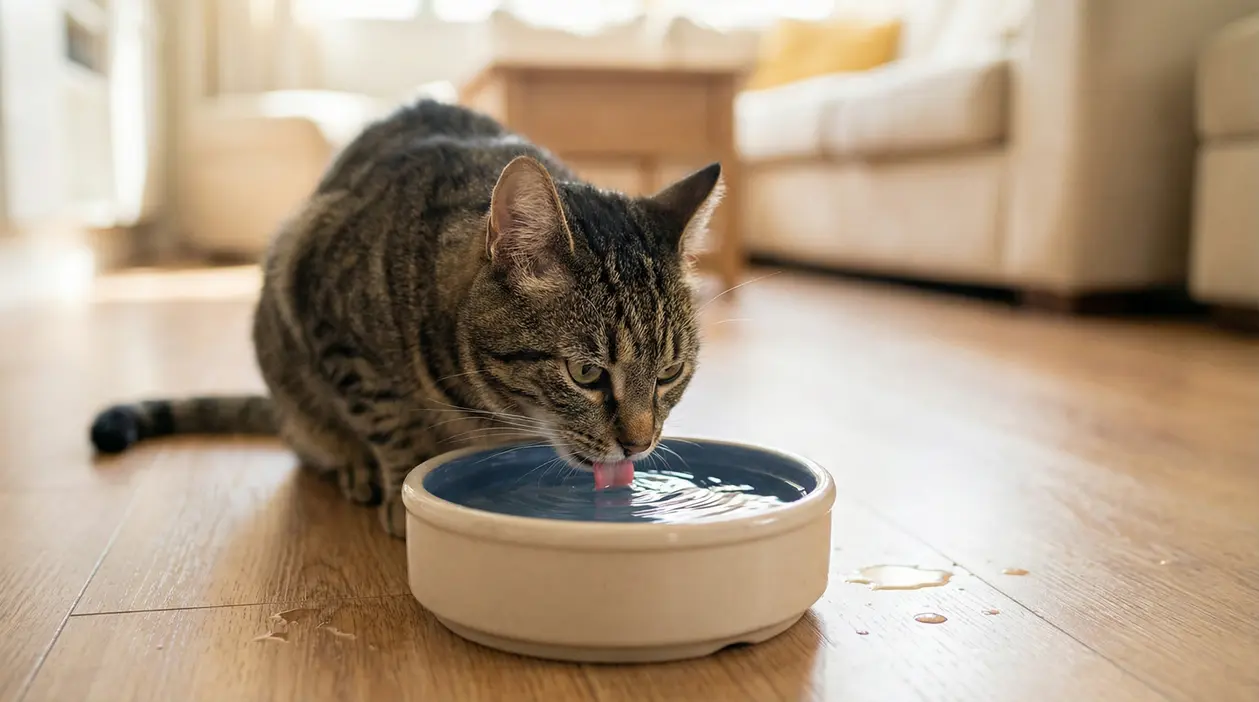 Gatto domestico che beve acqua da una ciotola sul pavimento di casa