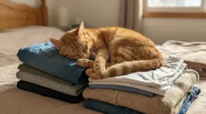 Gatto arancione che dorme su una pila di vestiti piegati su un letto.