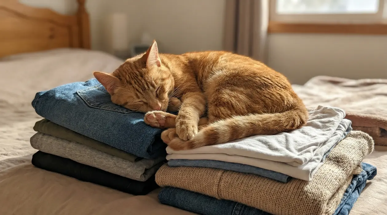 Gatto arancione che dorme su una pila di vestiti piegati su un letto.