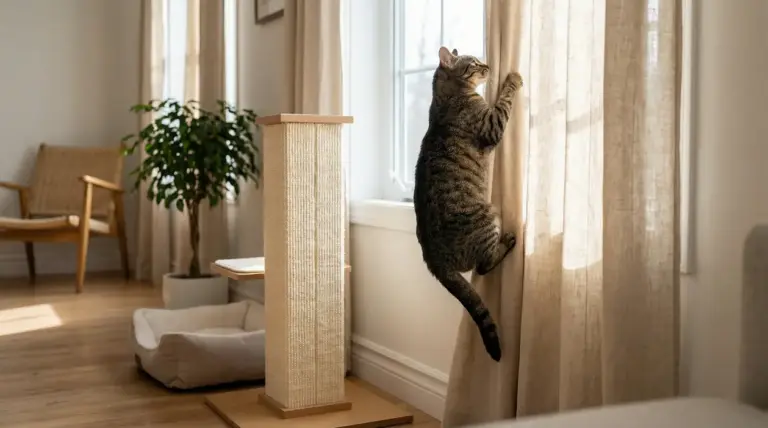 Gatto tigrato che si arrampica su una tenda in un salotto luminoso