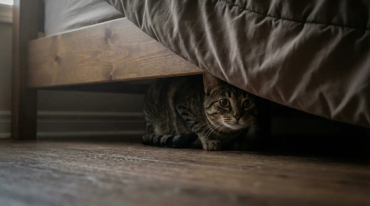 Gatto nascosto sotto un letto in una stanza con pavimento in legno