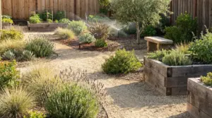 Giardino a bassa manutenzione con aiuole rialzate, sentieri in ghiaia e irrigazione automatica