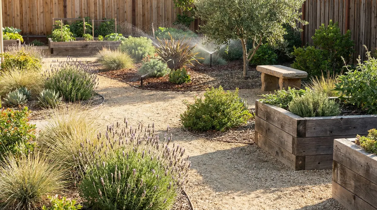 Giardino a bassa manutenzione con aiuole rialzate, sentieri in ghiaia e irrigazione automatica