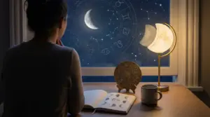 Persona seduta alla scrivania che osserva la luna e simboli zodiacali dalla finestra
