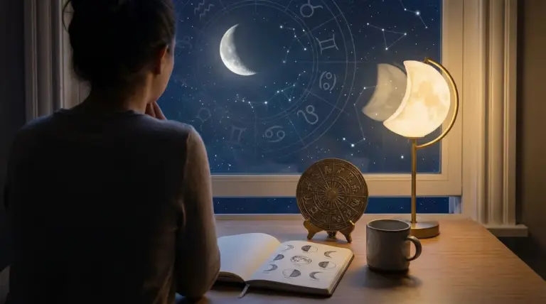 Persona seduta alla scrivania che osserva la luna e simboli zodiacali dalla finestra