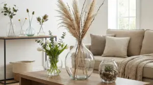 Vasi di vetro decorativi con fiori secchi, piante e sassolini su tavolo e consolle in salotto moderno