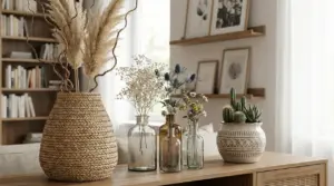 Vasi decorativi con fiori secchi e piante su un mobile in soggiorno luminoso