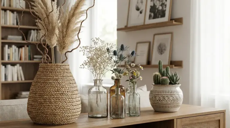Vasi decorativi con fiori secchi e piante su un mobile in soggiorno luminoso