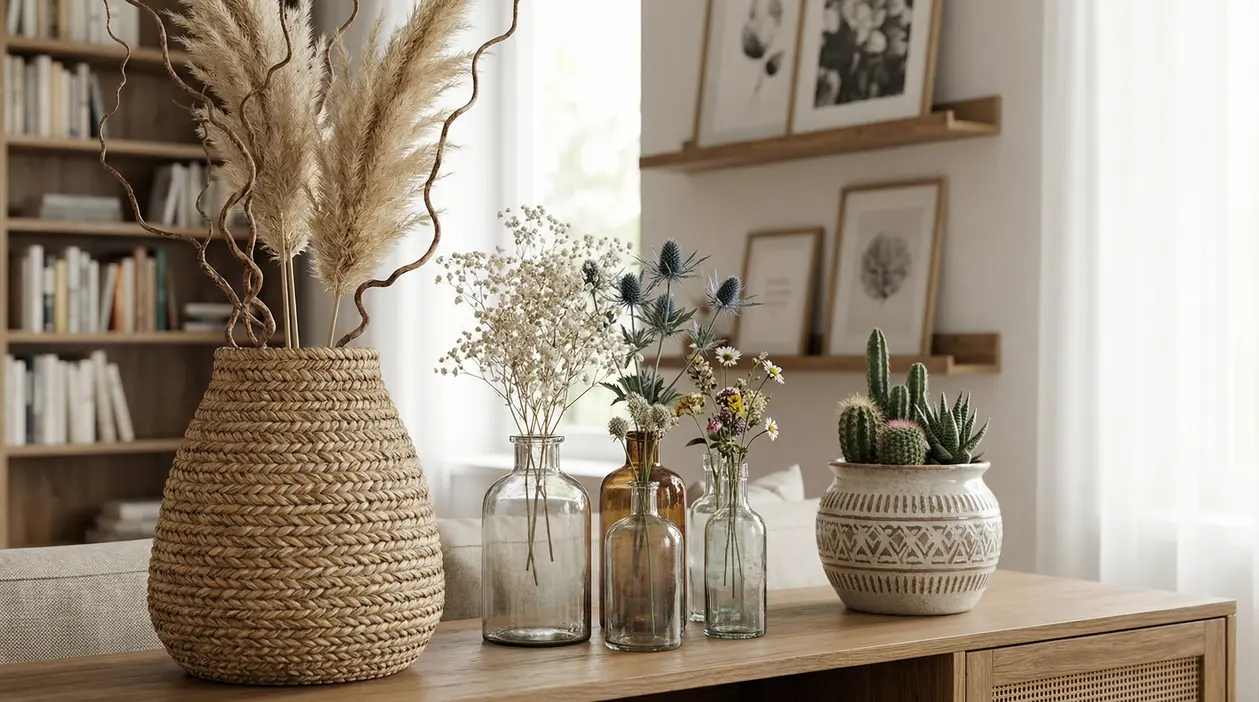 Vasi decorativi con fiori secchi e piante su un mobile in soggiorno luminoso