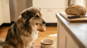 Un cane in cucina con un pezzo di pane in bocca accanto a una ciotola