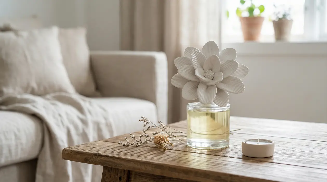 Fiore decorativo in un contenitore di vetro con essenza profumata su un tavolino in legno