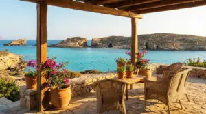 Terrazza in pietra con vista sul mare cristallino e scogliere in Sardegna
